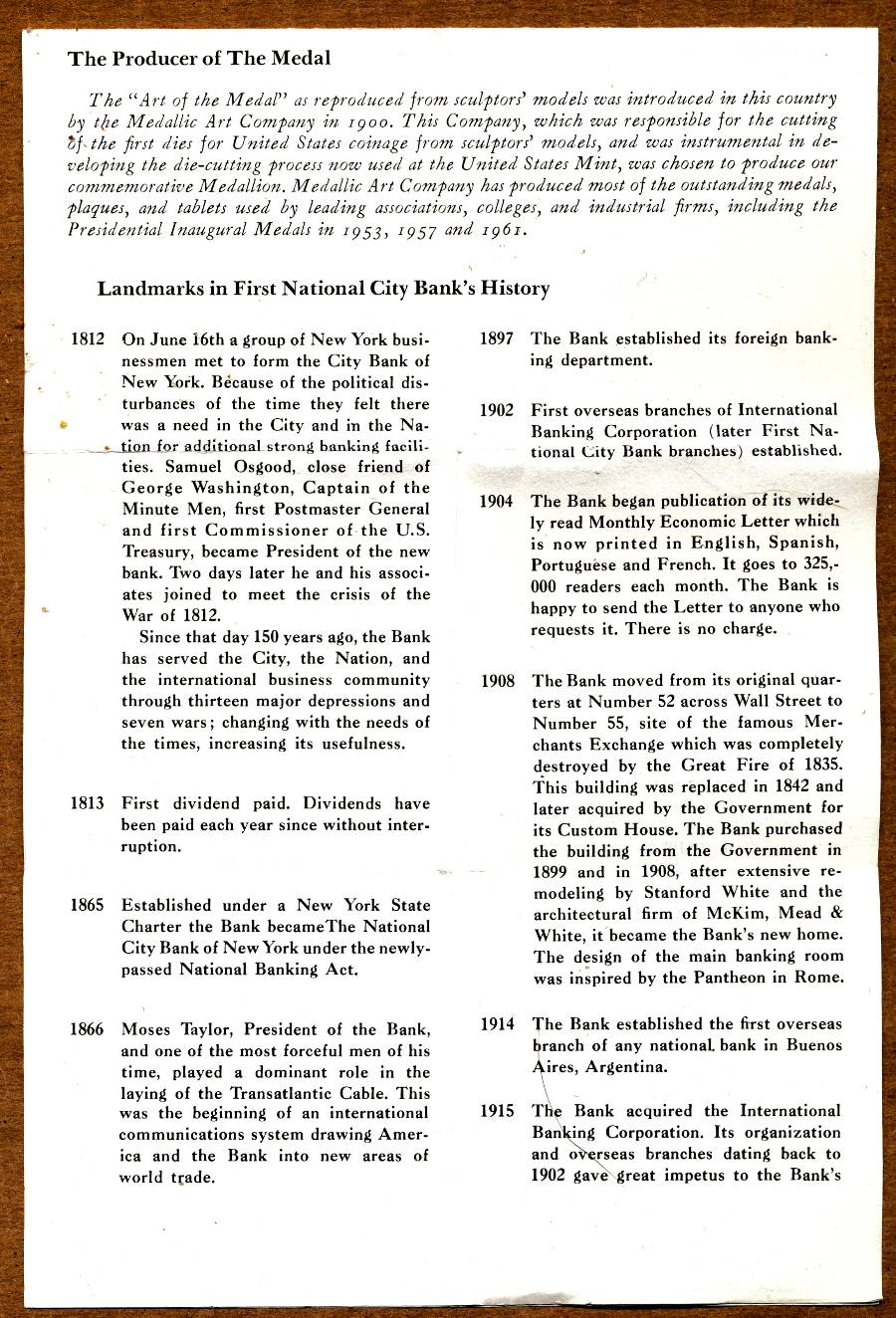 Commems-Collection-Medals:-1962-First-National-City-Bank-150th-Anniversary
