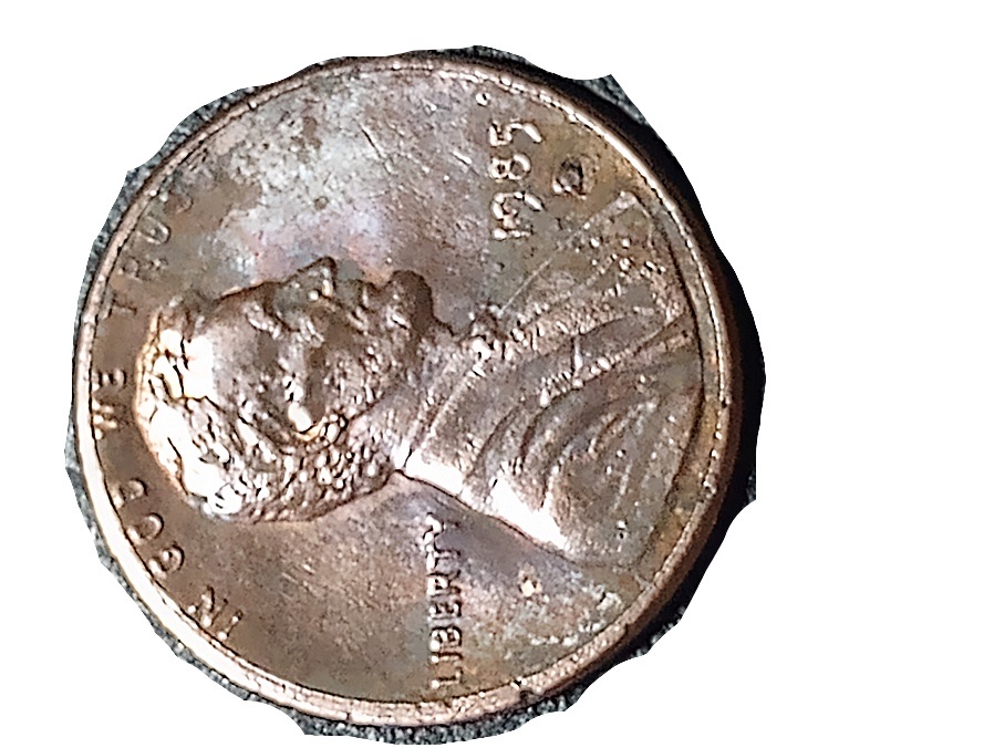 1985-D-Lincoln-Penny--Corrosion-Dome-Formed-Around-The-Mint-Mark-Bumps-On-Lincolns-Face