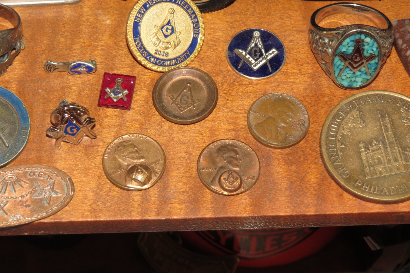 Masonic-Tokens,-Coins-And-Counter-Stamped-Pennies