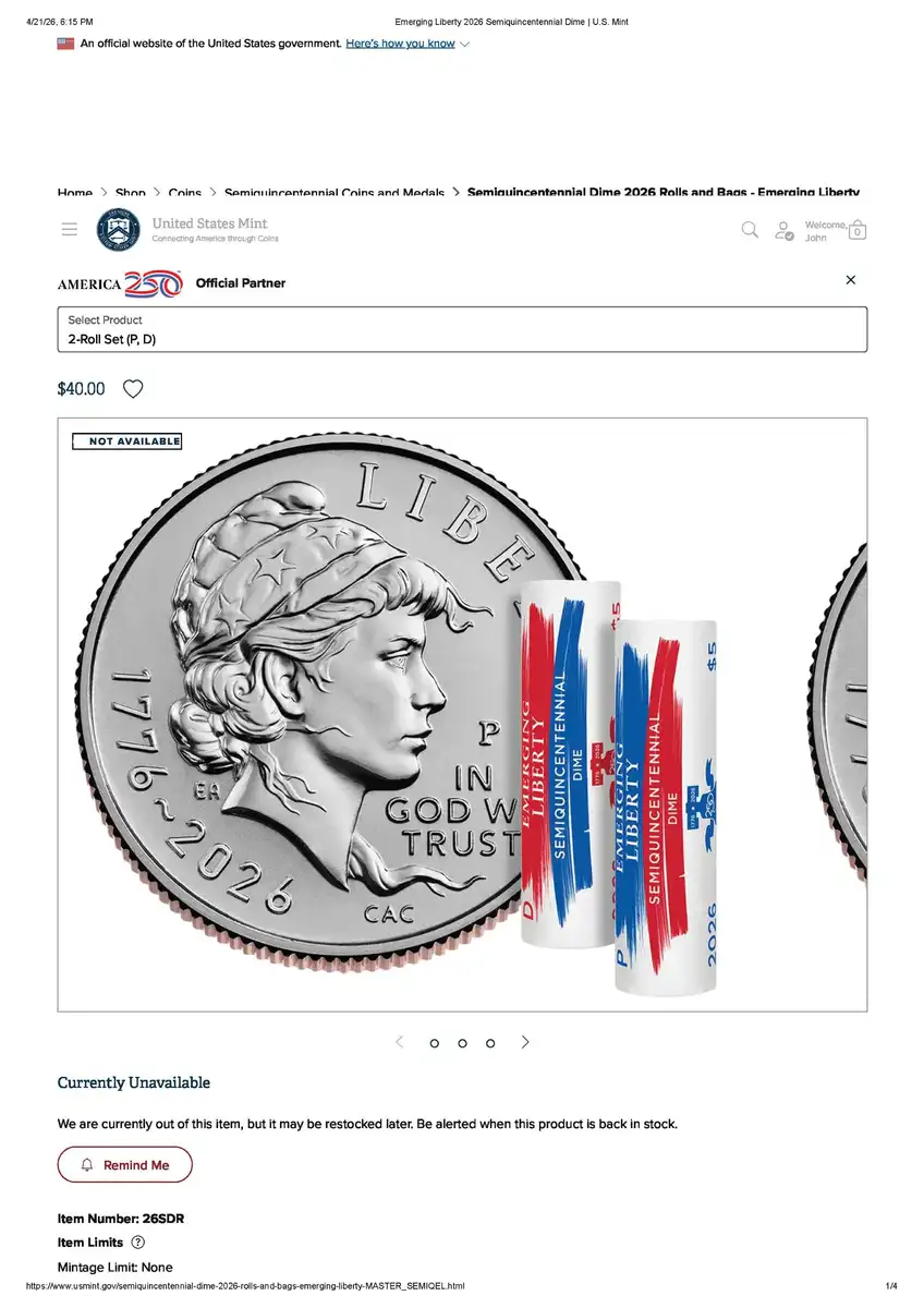 2026-Semiquincentennial-Two-Roll-Sets-&-Bags,-Emerging-Liberty-Dime-Available-On-April-17,-2026