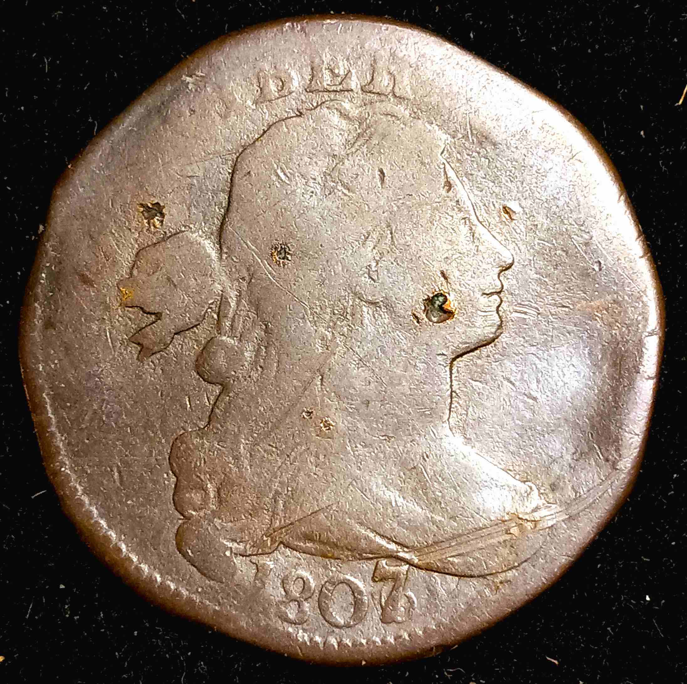 1807/6-Draped-Bust-Large-Cent.-Split-Planchet-After-Strike.