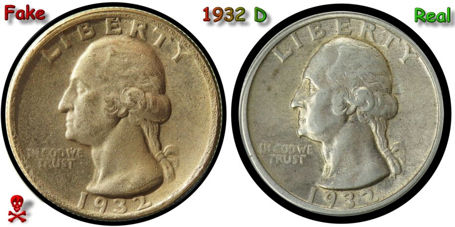 Counterfeit-Detection:-1932-D-Washington-Quarter-Chinese-Replica-Compared-To-Real