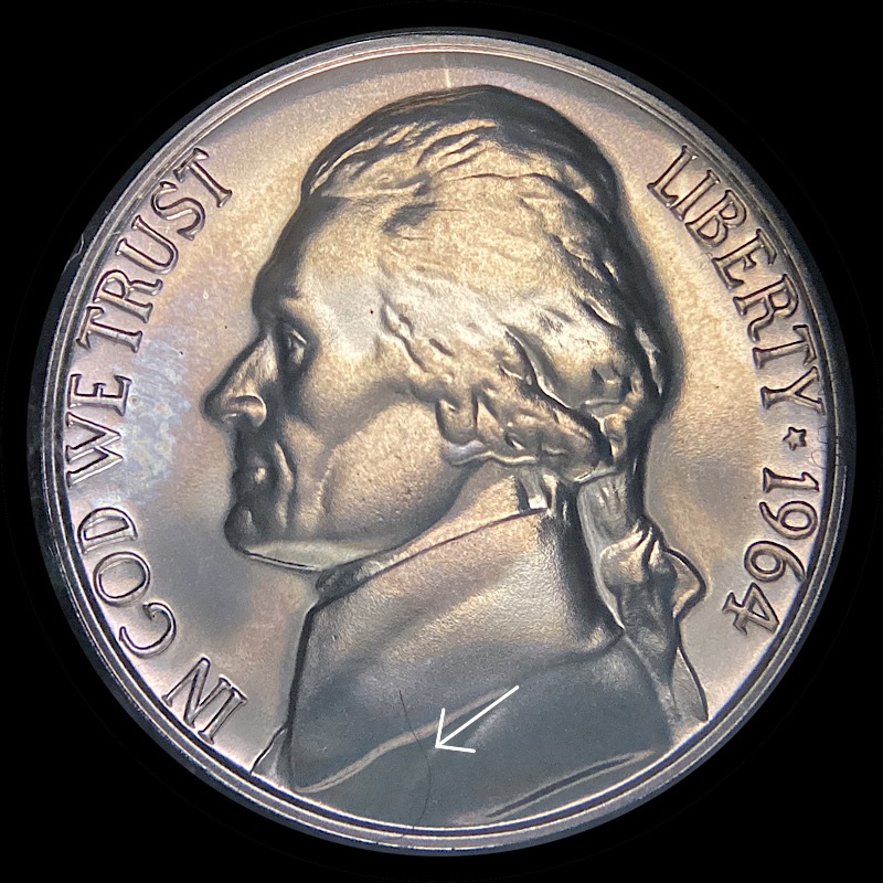 1964-Proof-Nickel,-Nice-Toning-With-Unusual-Crack-Or-Gouge.