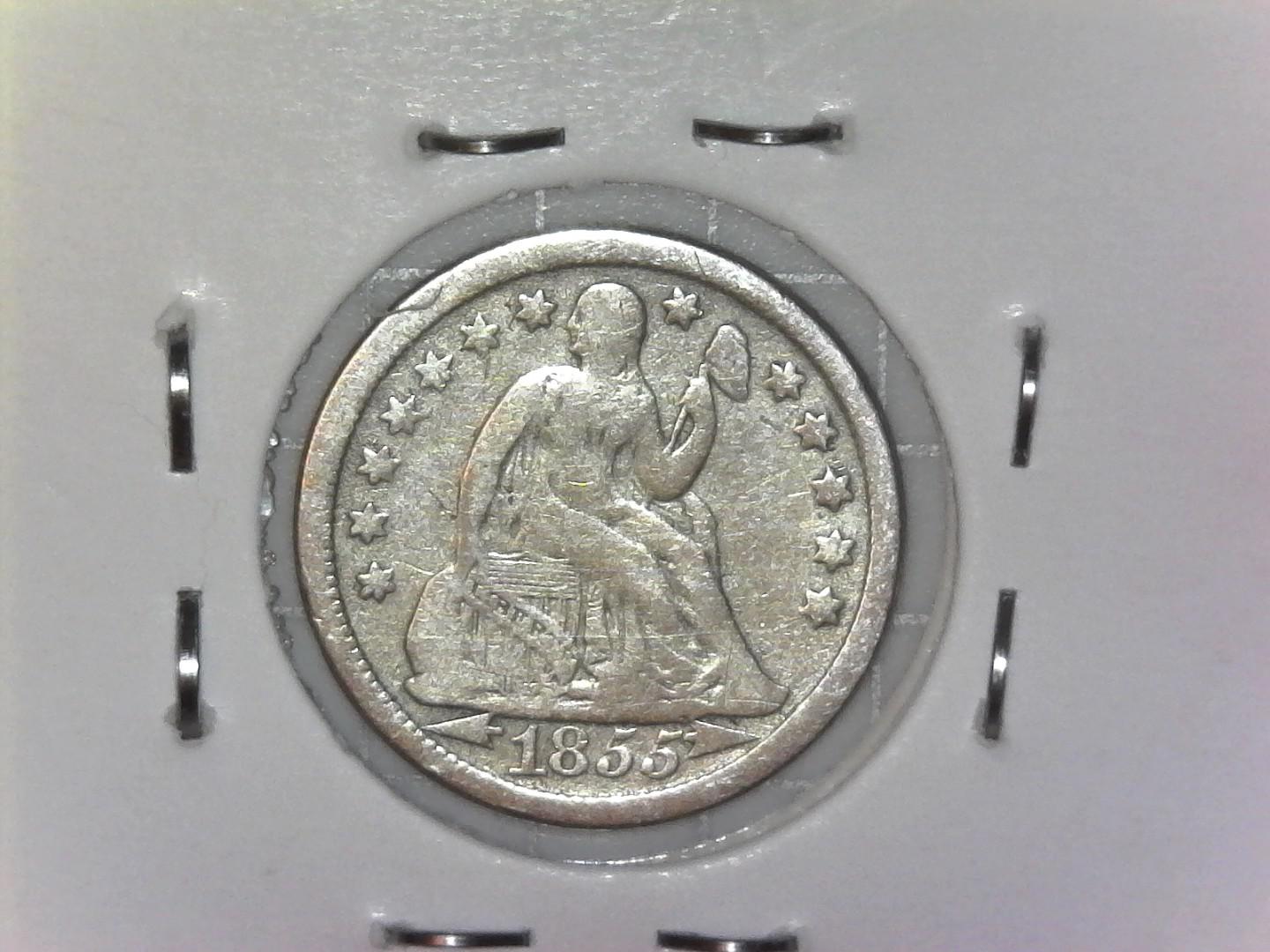 1-Dime,-Sitting-Liberty-Dime-1855---Grade-?