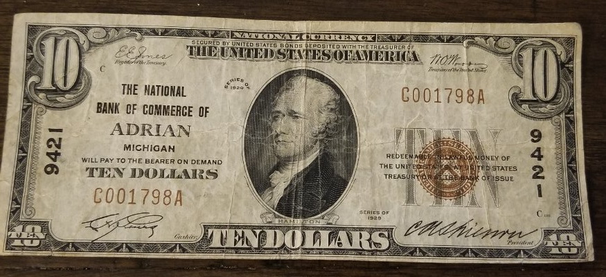 1929-Ten-Dollar-Bill.--Bank-Of-Commerce-Of-Adrian