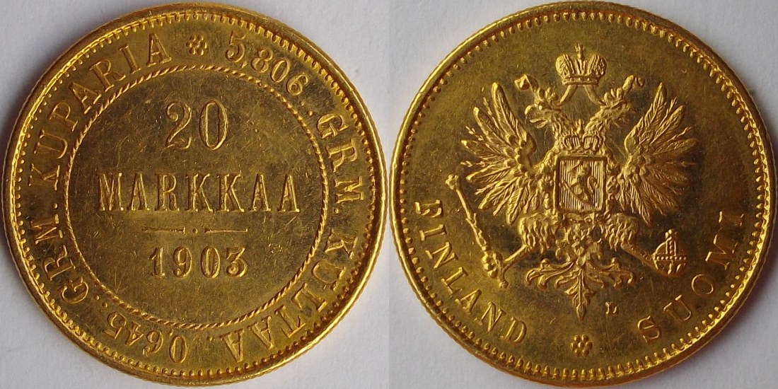 Grand-Duchy-Of-Finland,-Russian-Empire,-20-Markkaa,-1903