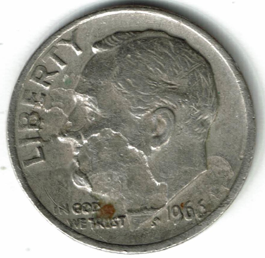1966-Roosevelt-Dime,-Vise-Damage,-Chemical-Damage,-Planchette-Damage,-PMD-?