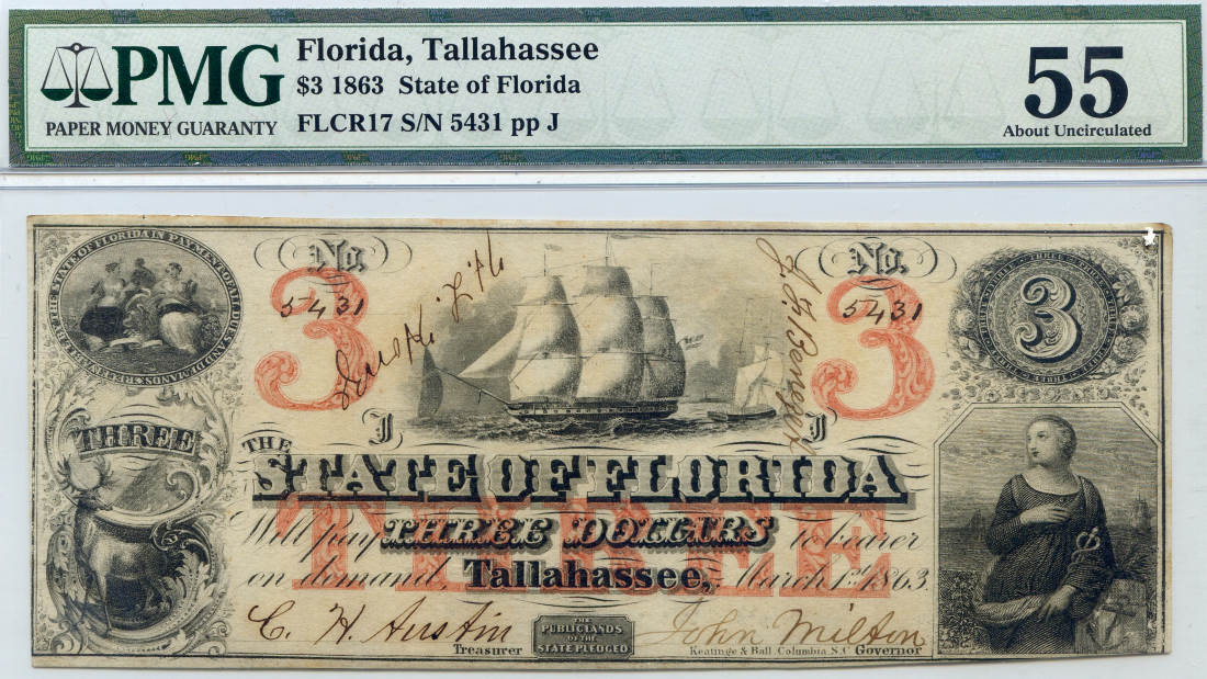 1863-State-Of-Florida--Tallahassee-$3.00-Obsolete-PMG-AU-55