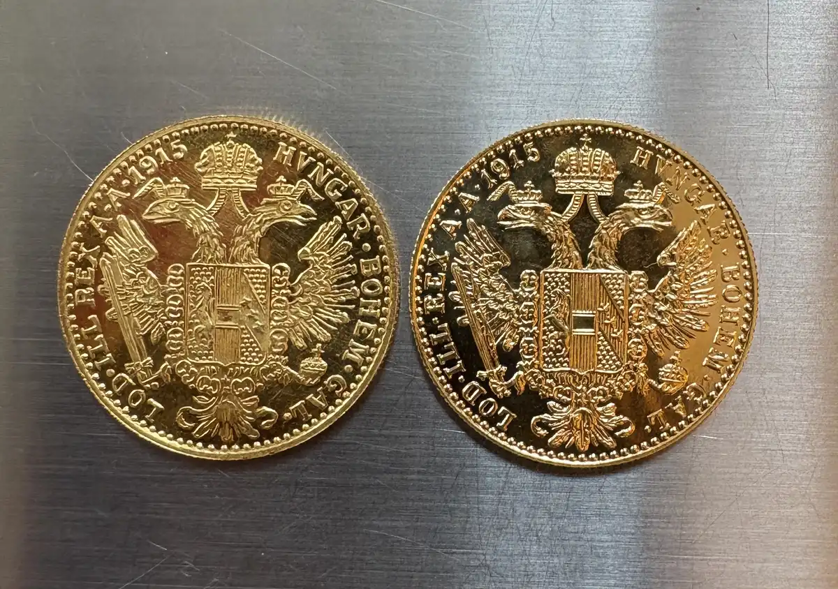 Counterfeit-Detection:-1915-Austria-Ducat---Restrike---.999-Gold-/-24k---Jeweler's-Copy