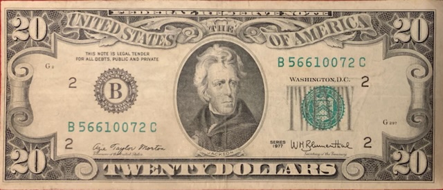 1977-Twenty-Dollar-Bill-With-Offset-Printing-Error-On-Reverse