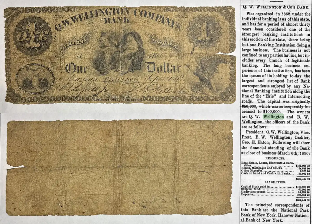 1862-Q.w.-Wellington-Bank,-Corning-NY-One-Dollar-Note
