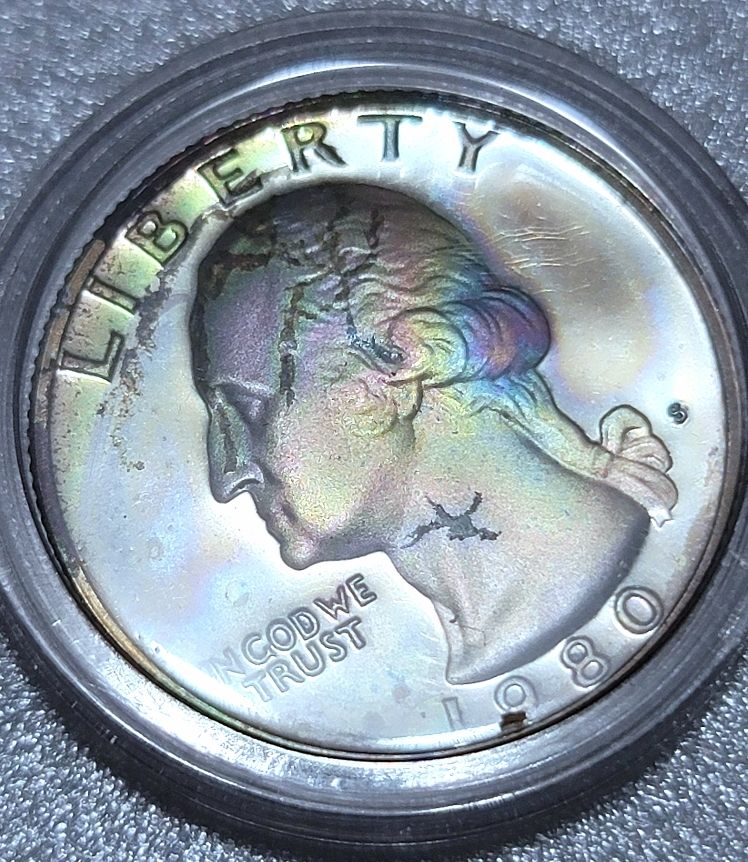 Rainbow-Toned-1980-S-Proof-Quarter.-Washington-Looks-Sick.
