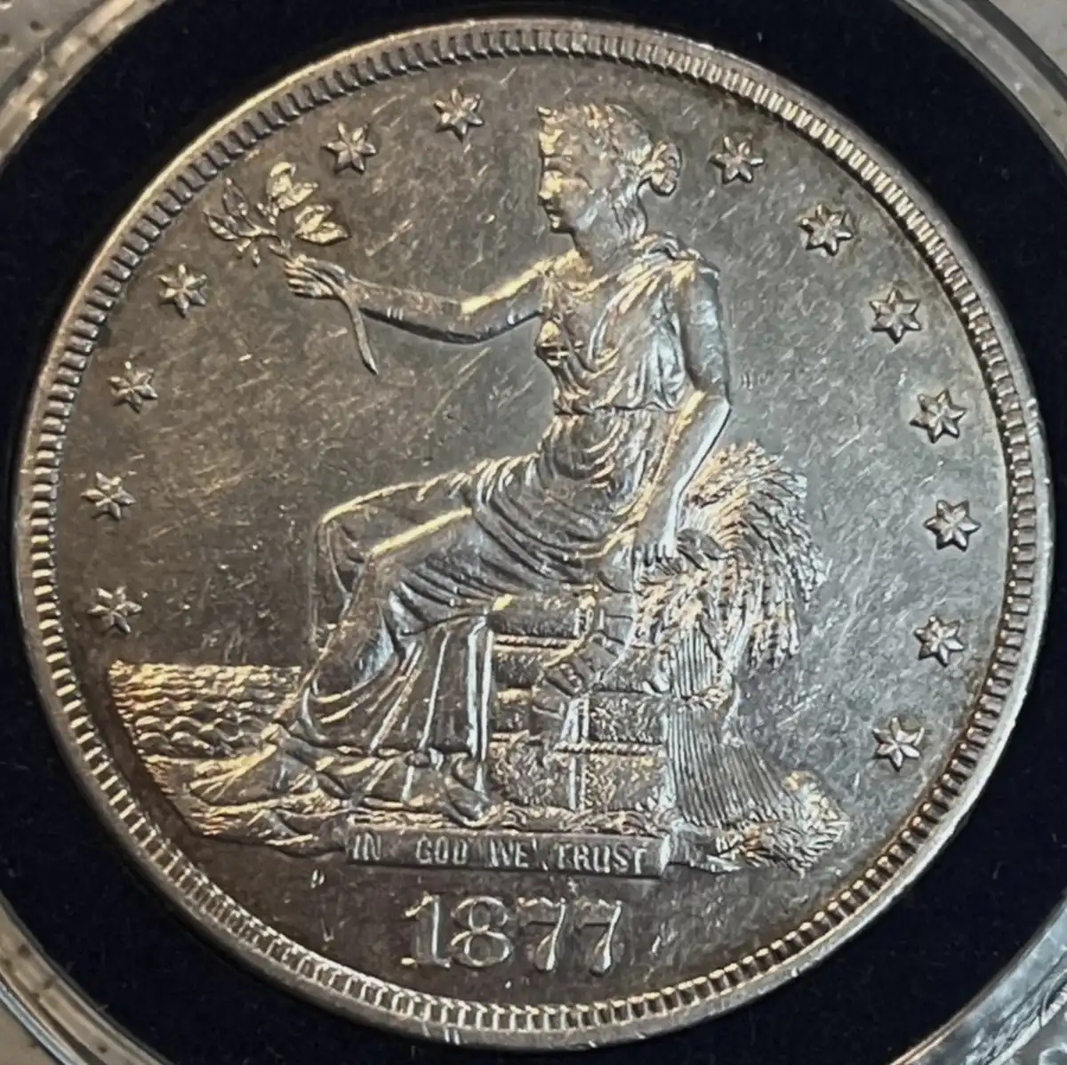 1877-S-Trade-Dollar-Opinion,-Unusual-Line-Through-Denticles