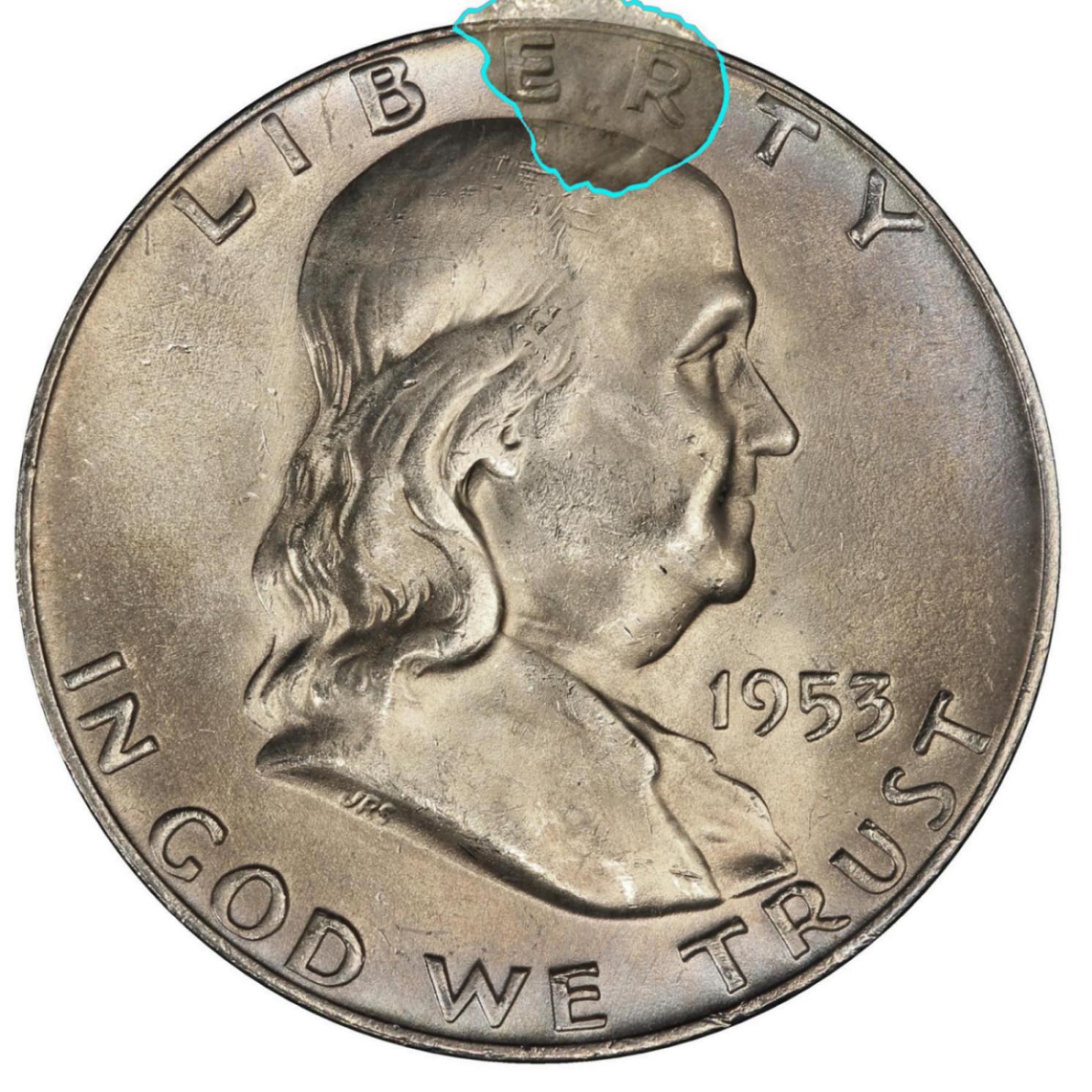 1953-D-Franklin-Half-Dollar..-Brockage?-Struck-Through-Fragment?