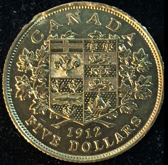 1912-$-5-Canada-Gold-W/-Odd-Letters/Figures-W/-No-Pattern-Stamped-On-Rim