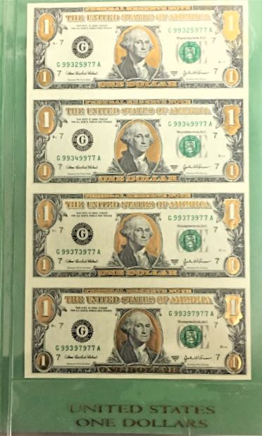 Four-4-Uncut-22k-Plated-One-Dollar-Bills-Sheet---Grade-Ck