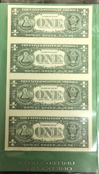 Four-4-Uncut-22k-Plated-One-Dollar-Bills-Sheet---Grade-Ck