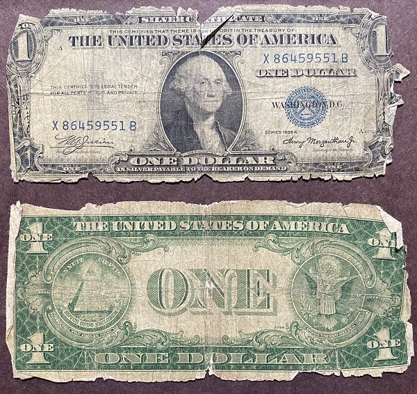 Ugliest-1935-$1-Silver-Certificate-Error-Separated-2-Halves