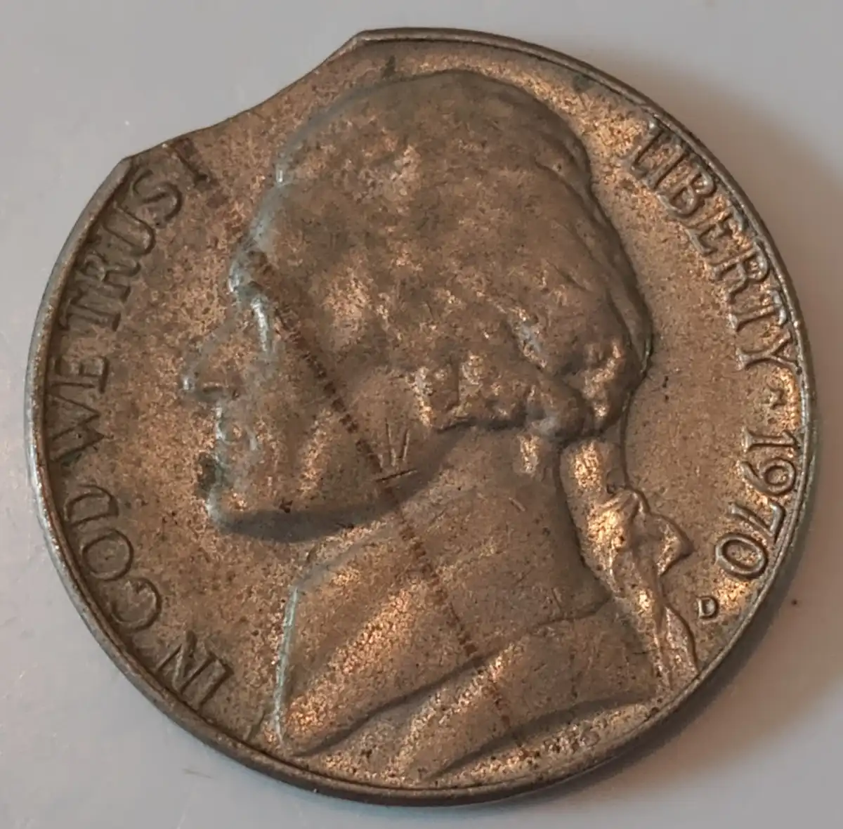 1970-D-Jefferson-Nickel-Improper-Alloy-W/Clipped-Planchette