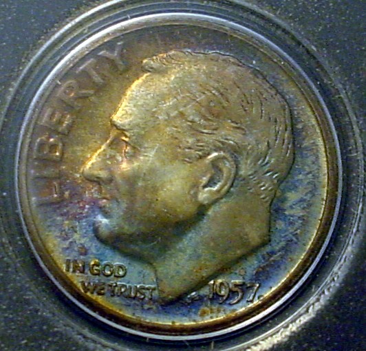Toned-1957-Washington-Quarter-&-Roosevelt-Dime