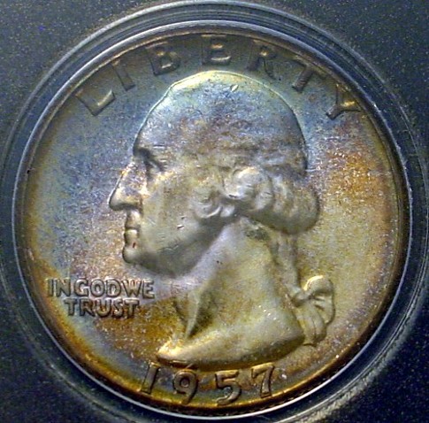Toned-1957-Washington-Quarter-&-Roosevelt-Dime