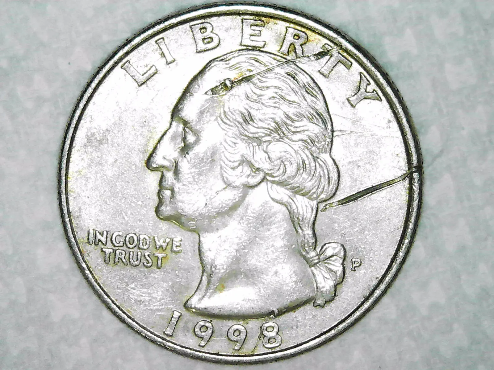 1998-P-Quarter-Possible-Staple,-Edge-Layer-Visible,-Die-Crack