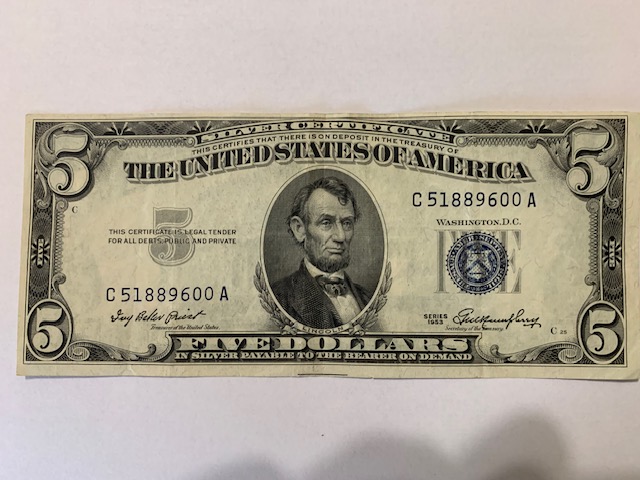 1953-$5-Note.-Looks-Like-Its-Cut-Off-Center-A-Bit
