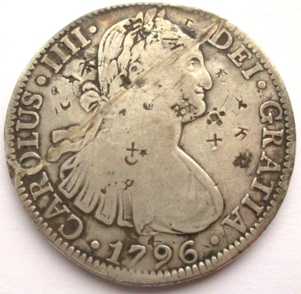 Circulated-Chopmarked-8-Reales-With-Identical-Chopmark-On-Reverse,-Modern-Forgeries?