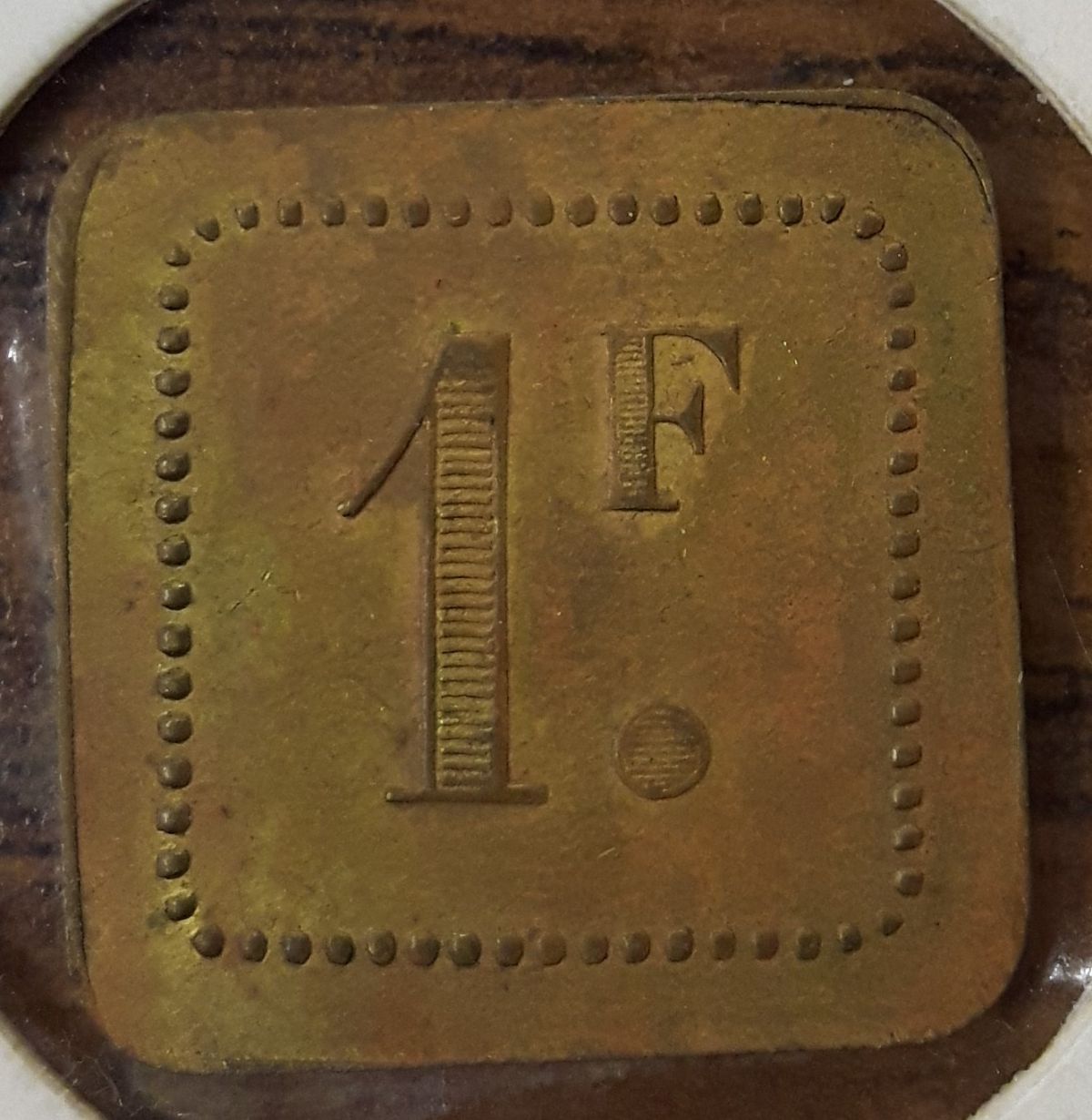 Unknown-Square-Brass-Token,-21-MM-Dia,-With-1-F.-On-It.