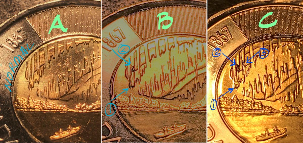 Toonie-Canada-150-Northern-Lights-Regular-Die-Progressive-Damage?