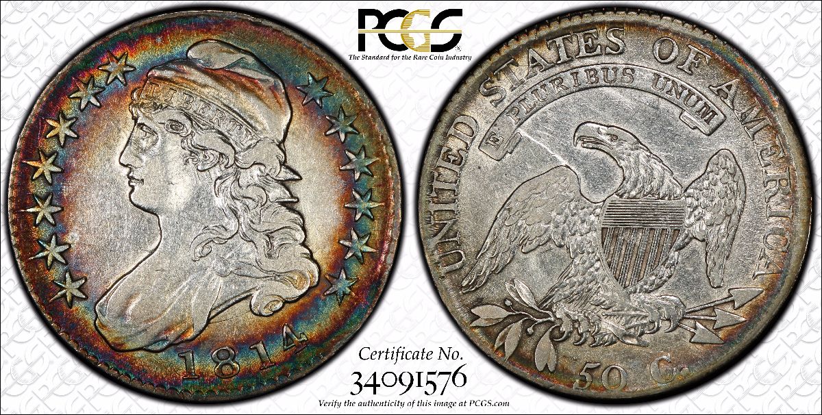 PCGS-True-View-Toned-1814-50c-XF40-Question-Interesting-Clash-Draped-Bust