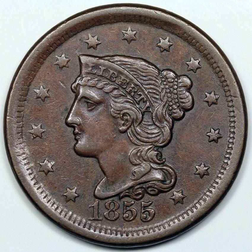 1855-Upright-55-Large-Cent-For-Grading,-Pretty-Copper