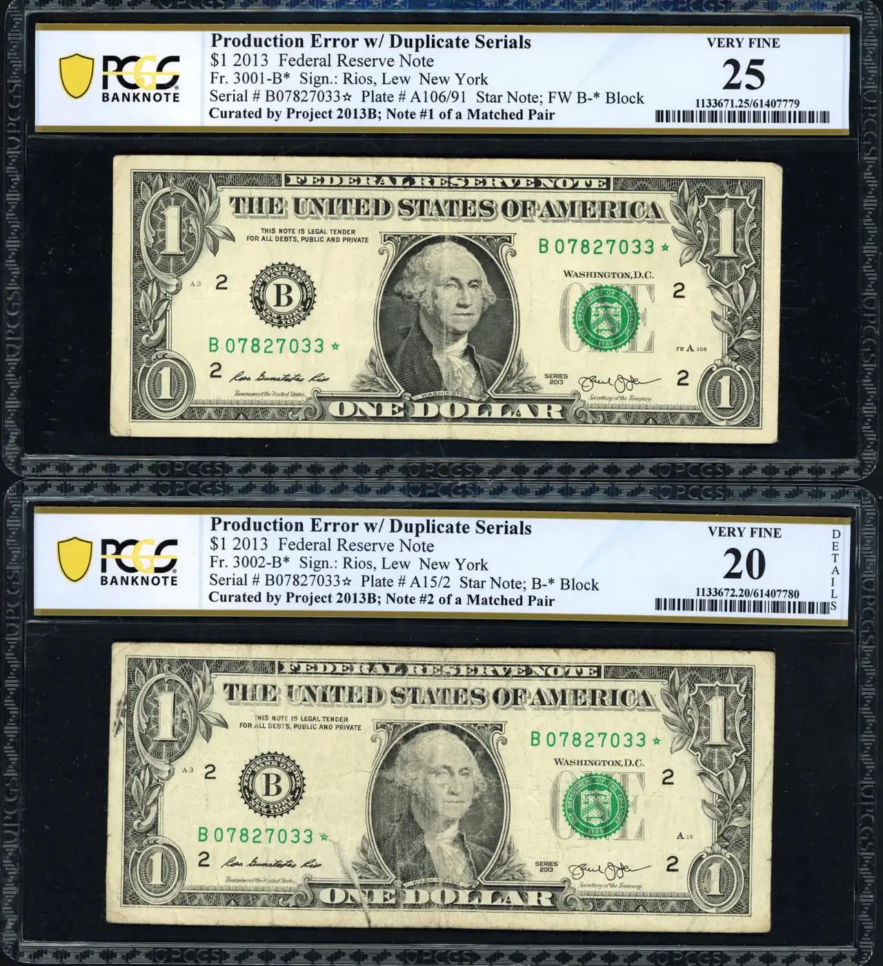 Tape-Repaired-Bill-In--2013B-$1-Duplicate-Serial-Number-Star-Note-Matched-Pair