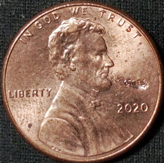 2020-P-Lincoln-Cent--Struck-Through-An-Unknown-Long-Oval