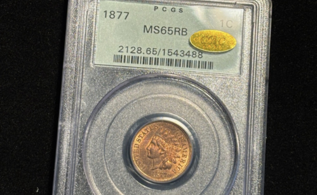 1877-Indian-Head-Cent-PCGS-Old-Green-Holder-MS-65-RB,-CAC-/-Gold