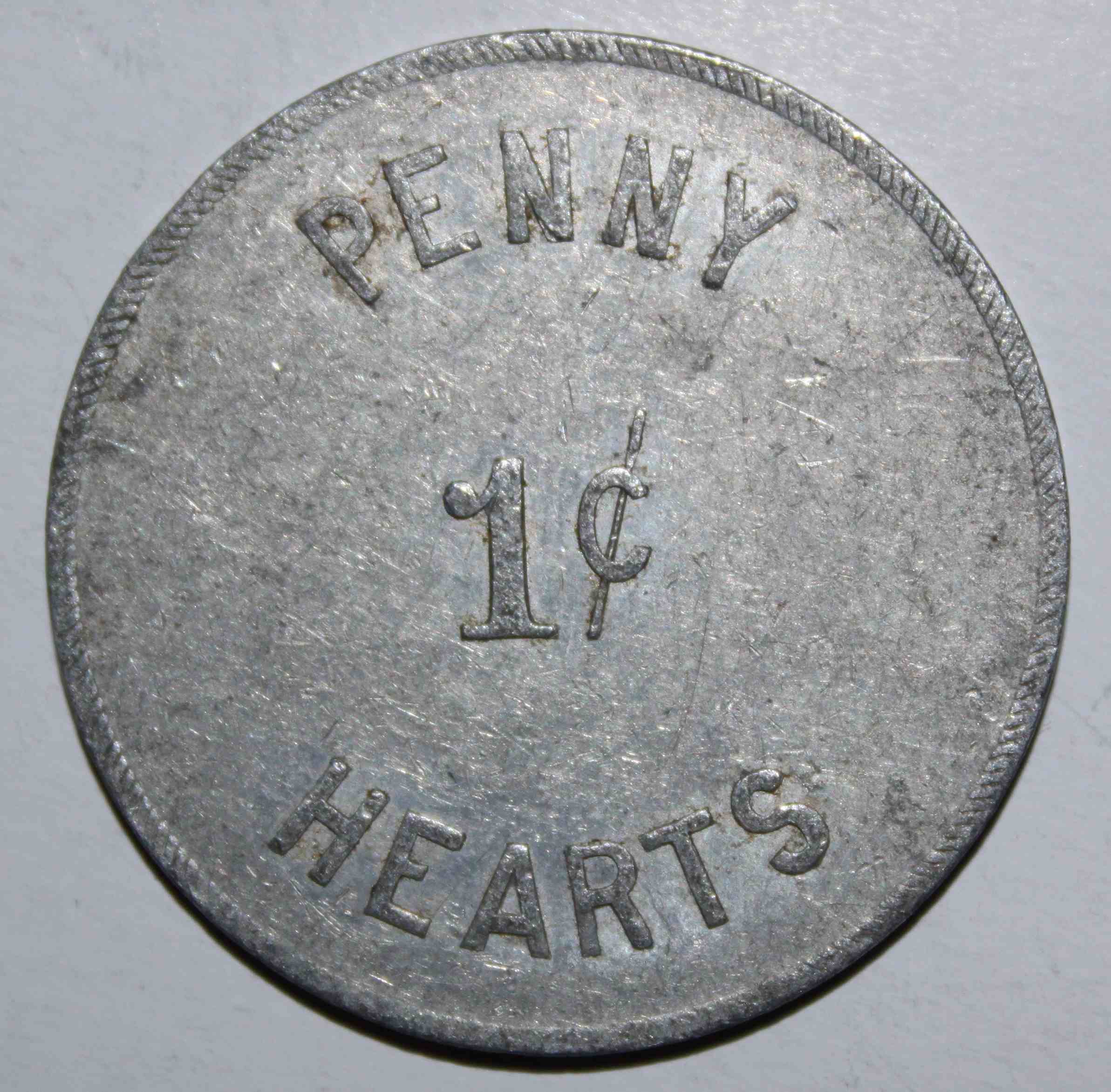 Any-Thoughts---Penny-1-Cent-Hearts-39-MM-Aluminum-Id:-Mid-20th-Century-Penny-Hearts-Arcade-Token