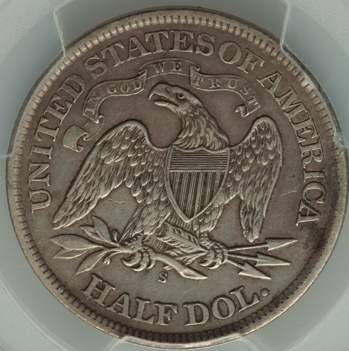 1867-S-Seated-Liberty-Half-PCGS:-Moderate-Facial-Distress
