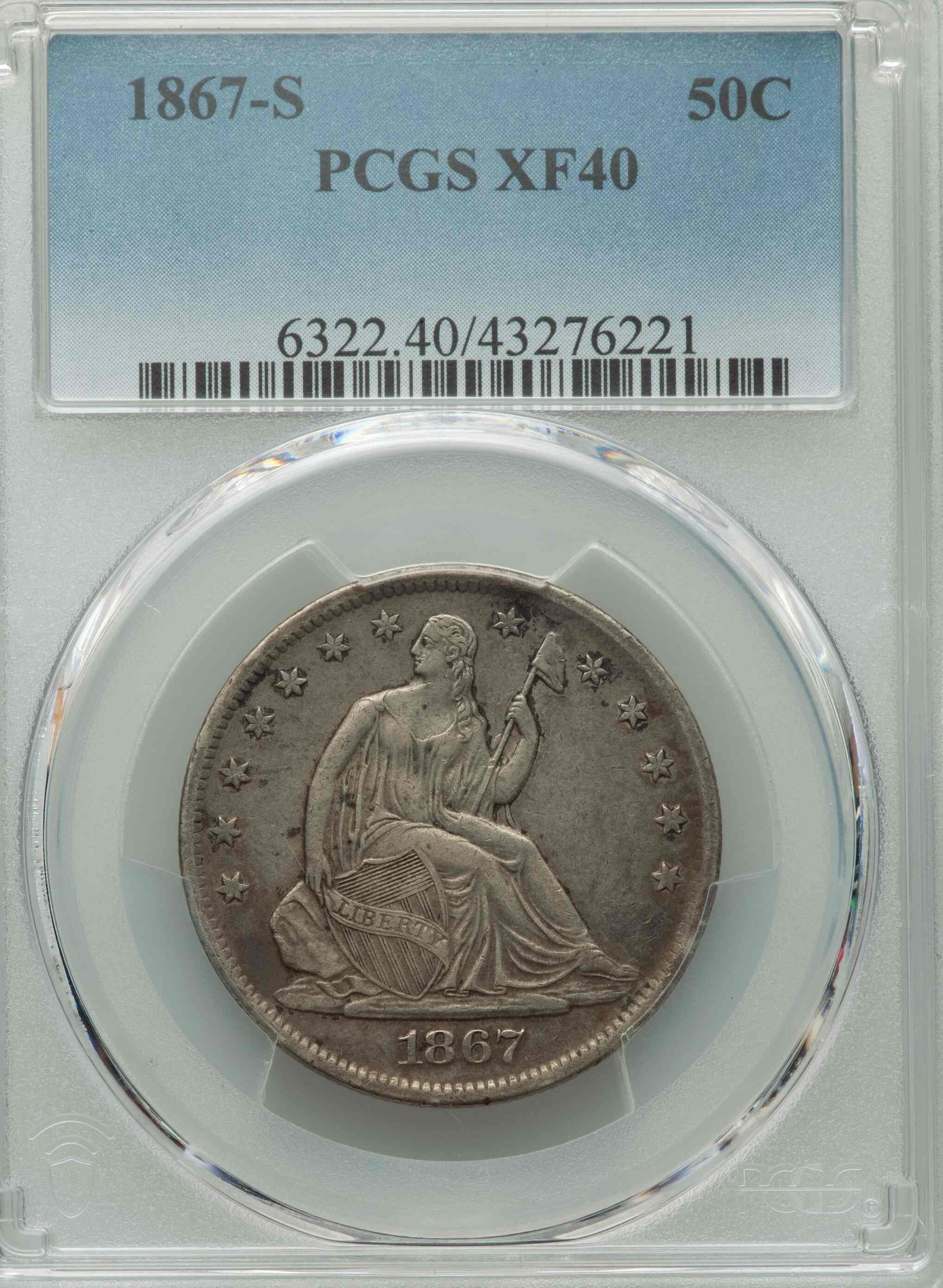1867-S-Seated-Liberty-Half-PCGS:-Moderate-Facial-Distress