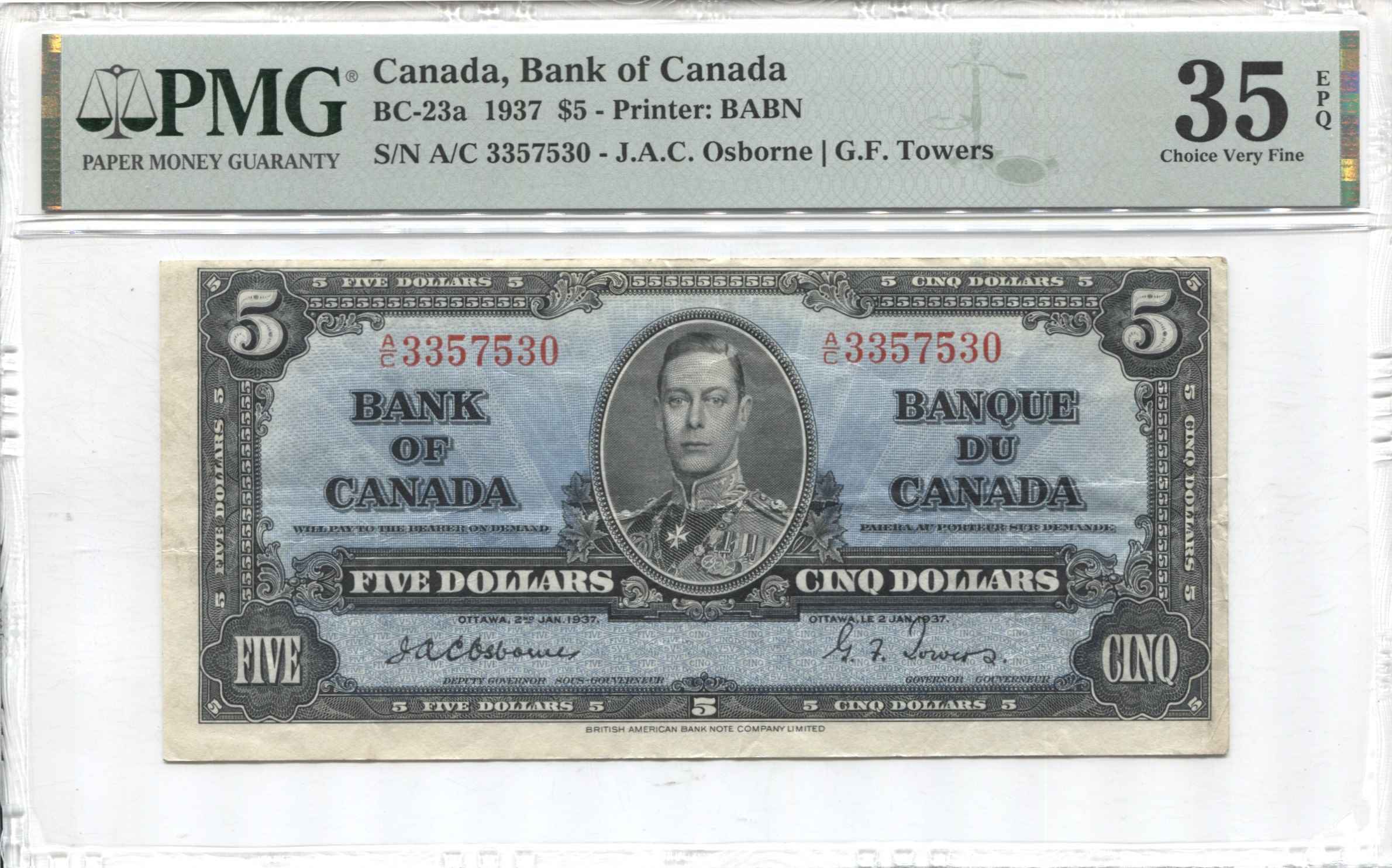 Post-Your-1937,-$5-Osborne-Towers-Bc-23A-Banknotes