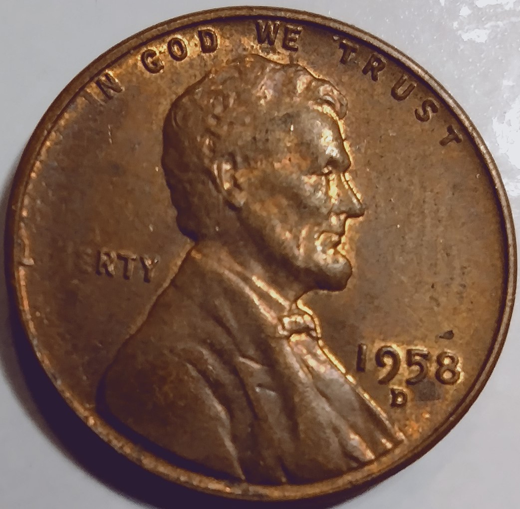 1958-D-Wheat-Penny-Missing-I,-B-And-Part-Of-E-And-1-Wheat-Stalk-On-Reverse-Of-Coin.