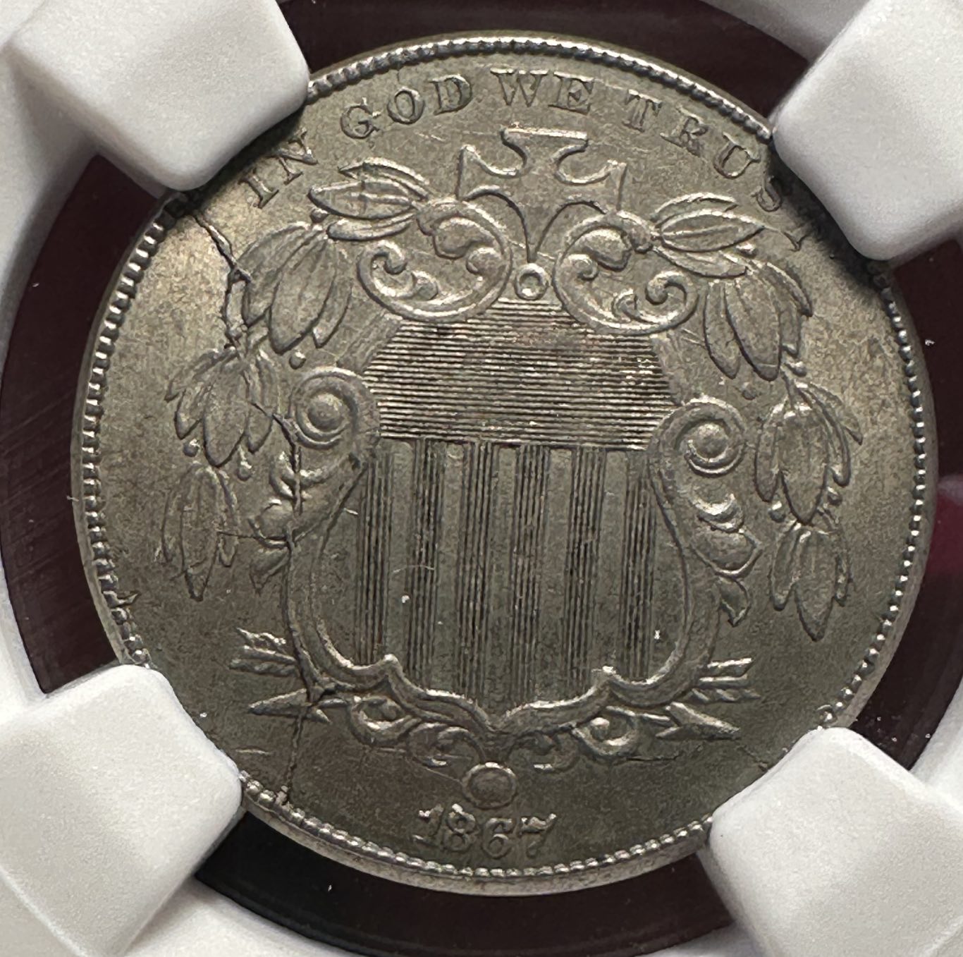 1867-Shield-Nickel-Marked-Die-Lines-Behind-Annulet