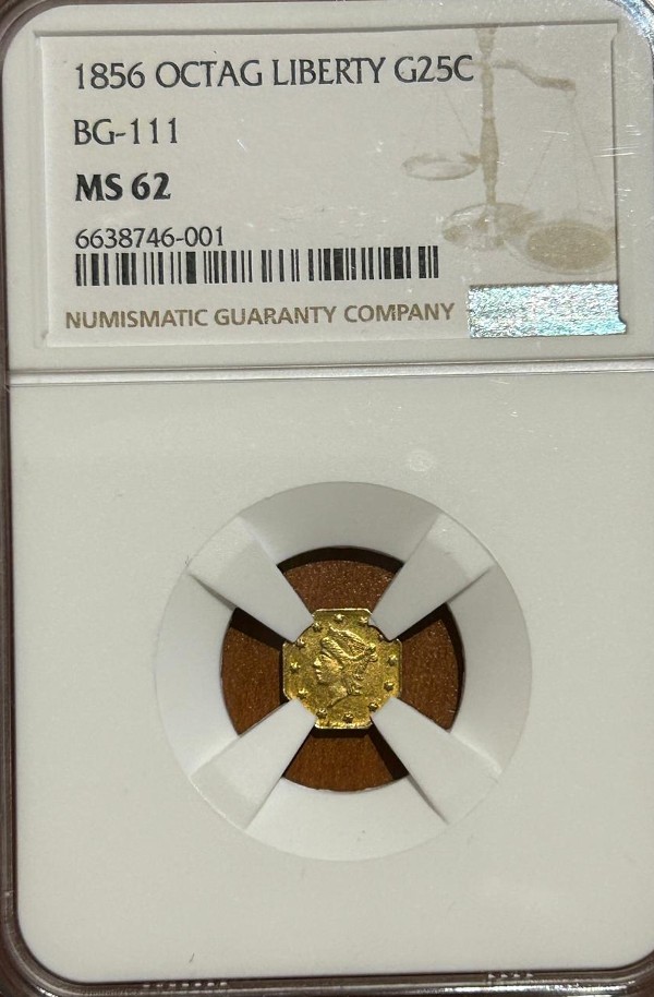 1856-Octagonal-Liberty-25-Cents-Bg-111-MS-62-Thoughts-Please