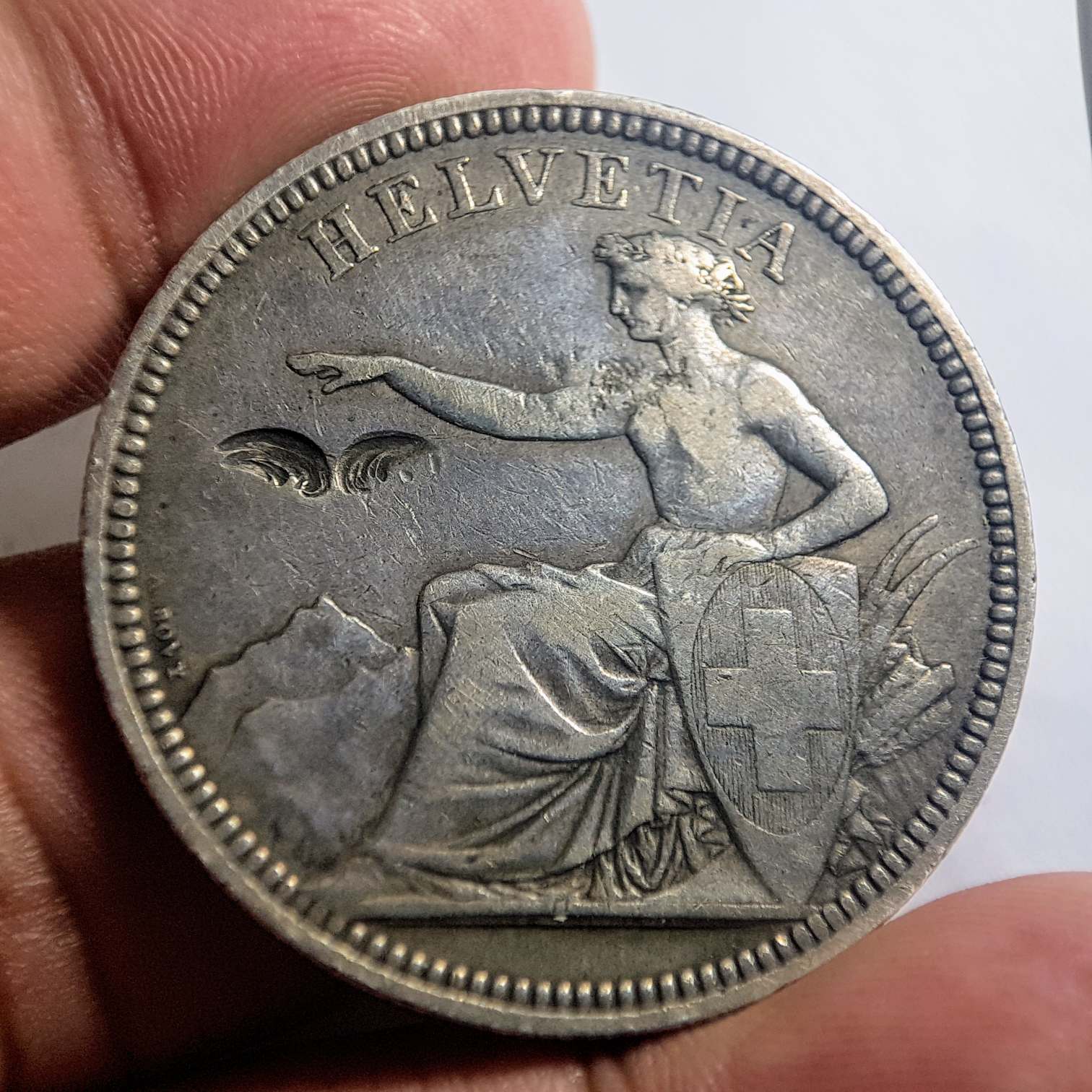 Switzerland---5-Francs-1874.---Chop-Marks,-Counter-Stamped?