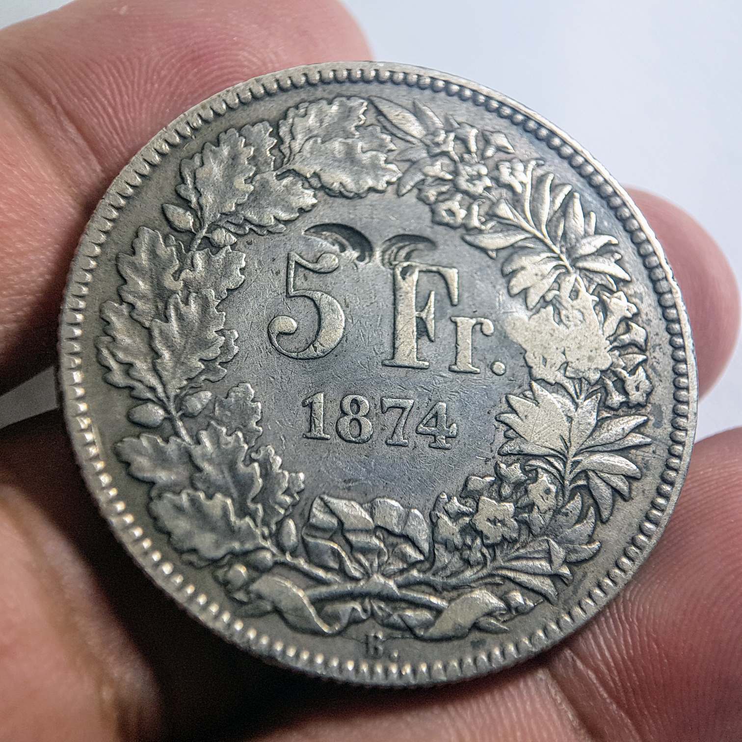 Switzerland---5-Francs-1874.---Chop-Marks,-Counter-Stamped?