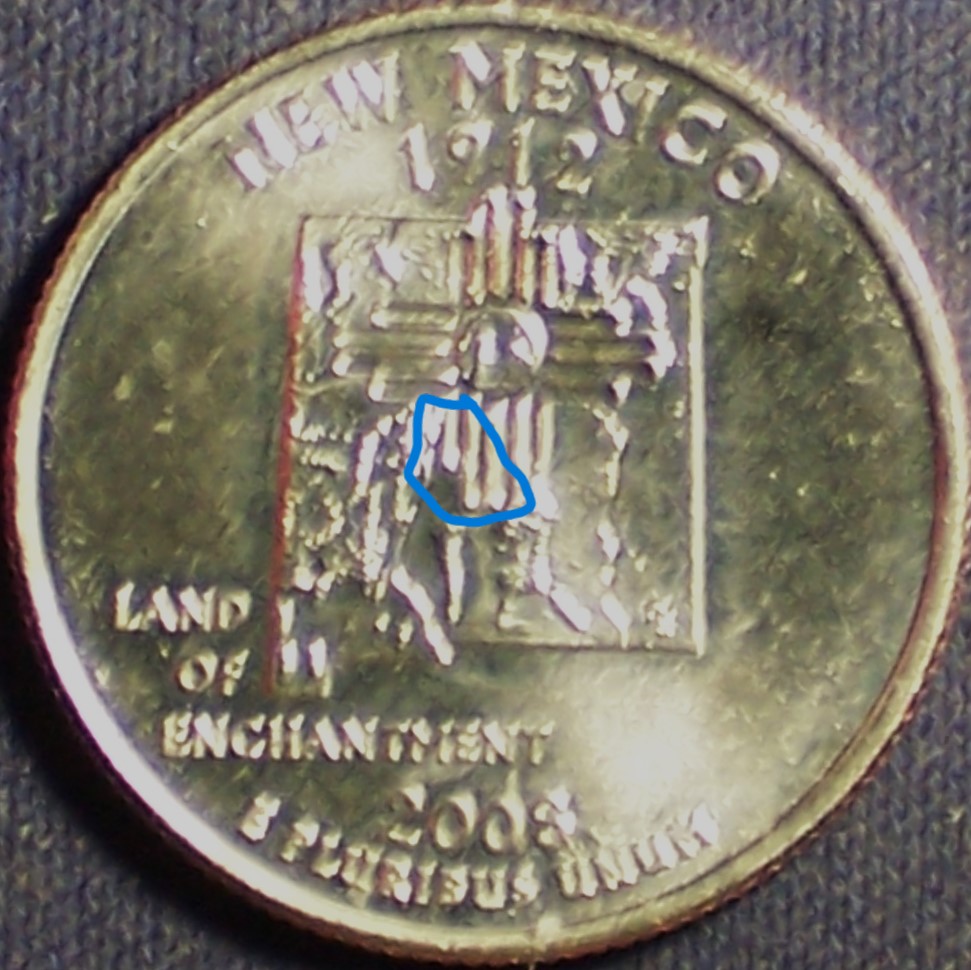 2008-New-Mexico-Quarter:-Gouges-In-Bottom-Fingers
