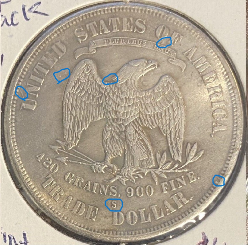 Matching-Obverses;-Bay-1874-S-To-Known-Counterfeit-1874-CC-Trade-Dollars.