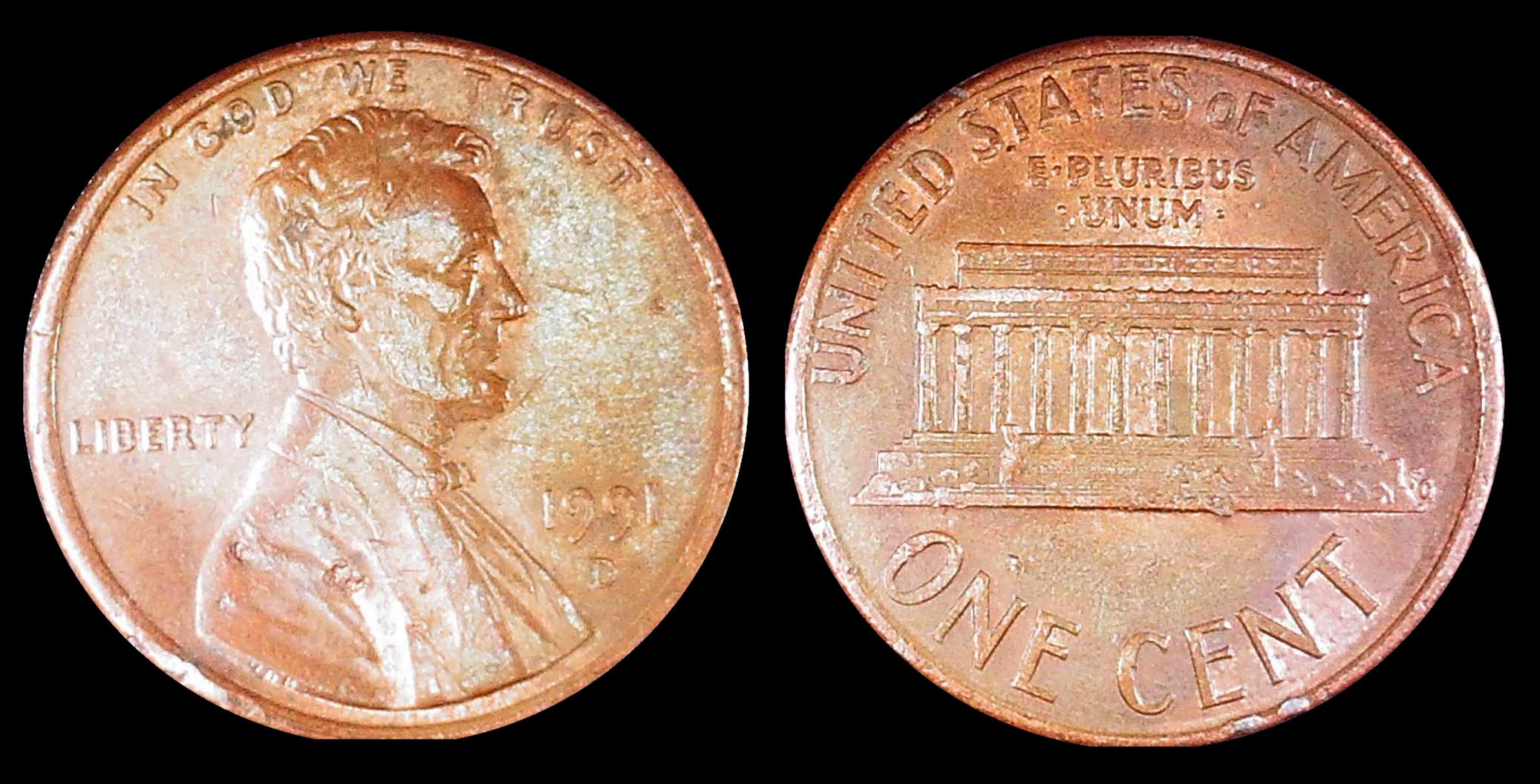 USA-1-Cent-1991-D-Strike-Through?