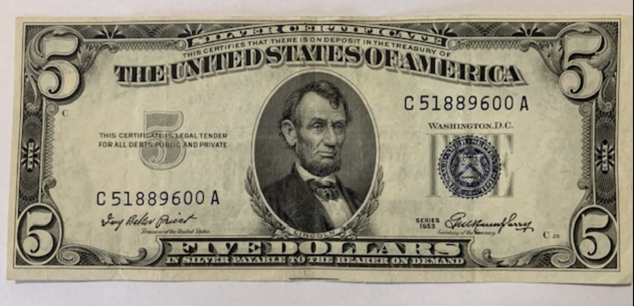 1953-$5-Note.-Looks-Like-Its-Cut-Off-Center-A-Bit