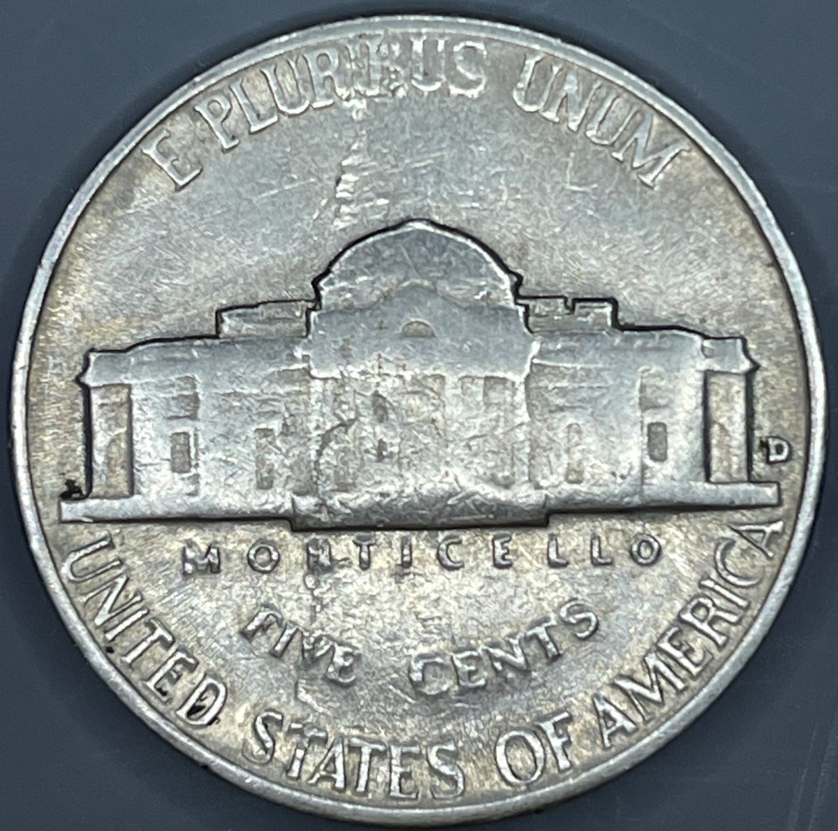 1958-D-Jefferson-Nickel-With-Die-Crack/Chips-Rim-To-Rim-Reverse