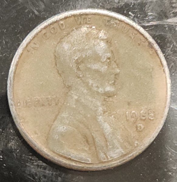 1988-D-Lincoln-Cent-Error,-Missing-Top-Coating-Coin-Is-Silver-Colored